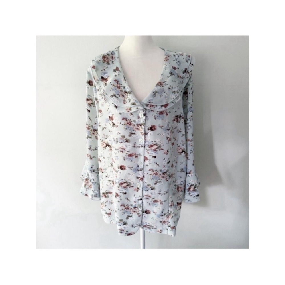 Vintage 90s Blouse Women L Blue Floral Ruffle Collar Cottagecore Grandma Chic